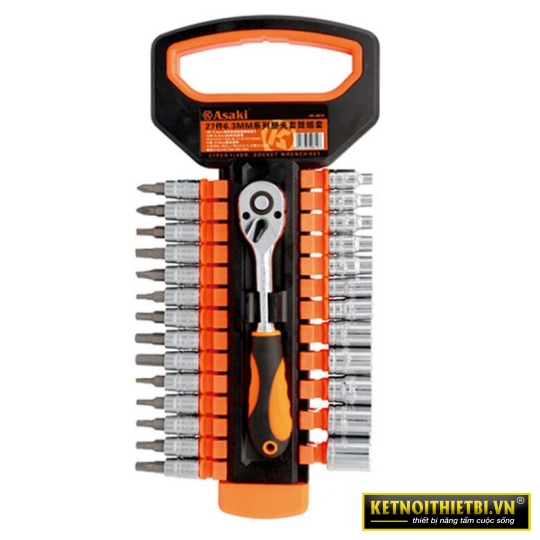 Bộ tuýp 1/4&#8243; 6 cạnh 27 chi tiết xi bóng Cr-V Asaki AK-9819