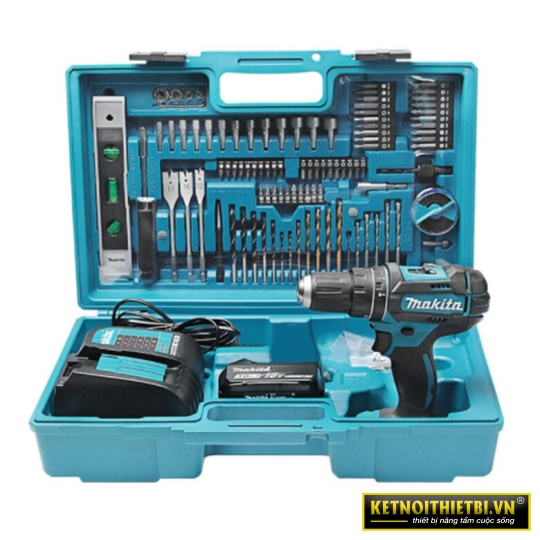 Bộ máy khoan búa vặn vít 101 phụ kiện dùng pin 18V Makita DHP482SFX6